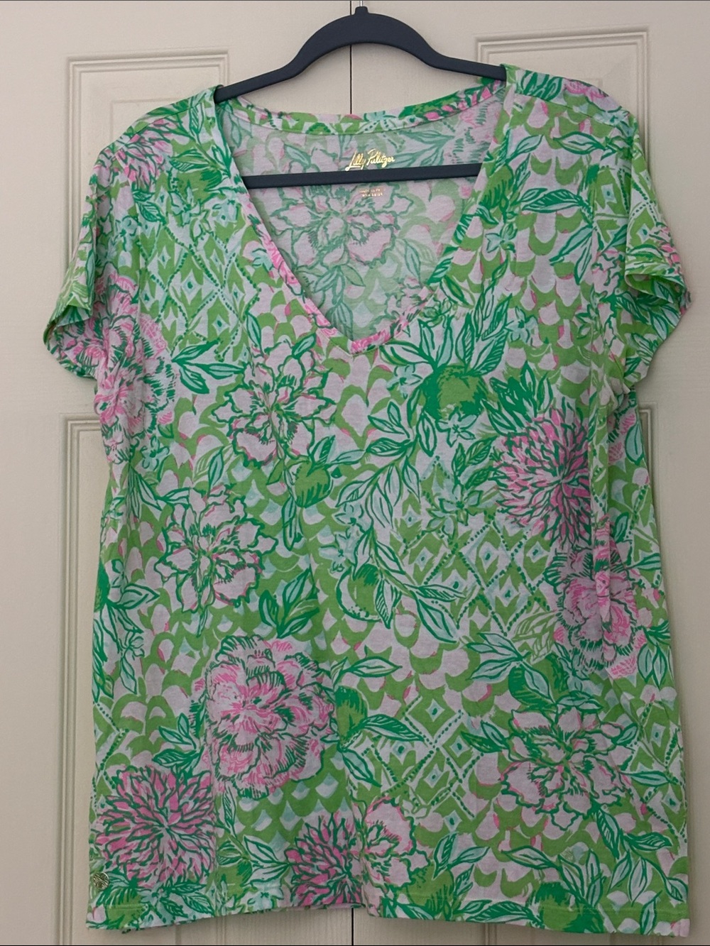 Lilly Pulitzer Meredith Green & Pink Floral V-Neck Short Sleeve Top